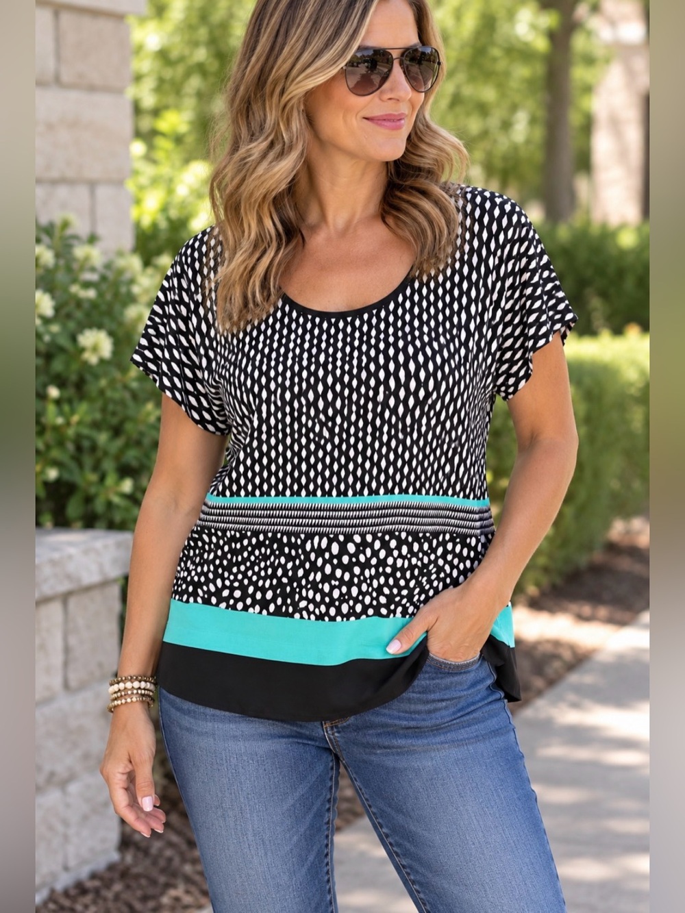 Cato short sleeve black & teal top